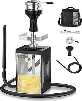 Aluminum & Acrylic LED Hookah set Expandable 1 to 2 Hose Portable Travel Hookah with Silicone Bowl, 16 lights Options, Complete Shisha Kit with Carrying Bag & Tongs Perfect for Parties