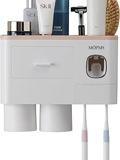 Toothbrush Holder Wall Mounted, MOPMS Automatic Toothpaste Dispenser Squeezer with Holders for Bathroom-Shelf Magnetic Cups Toothbrush Toothpaste Holder Drawer Organizer Space Saver-2 Cups Pink
