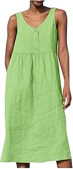 Spring Summer Dresses for Women 2025 Casual Quarter Button V Neck Sleeveless Dress Cotton Linen Comfort Soft Dress