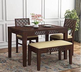Douceur Furnitures Solid Sheesham Wooden/ 4 Four Seater Dining Table with 2 Chairs and 1 Bench | Finish-Warm Chesnut Finish | Cushions- Cream |