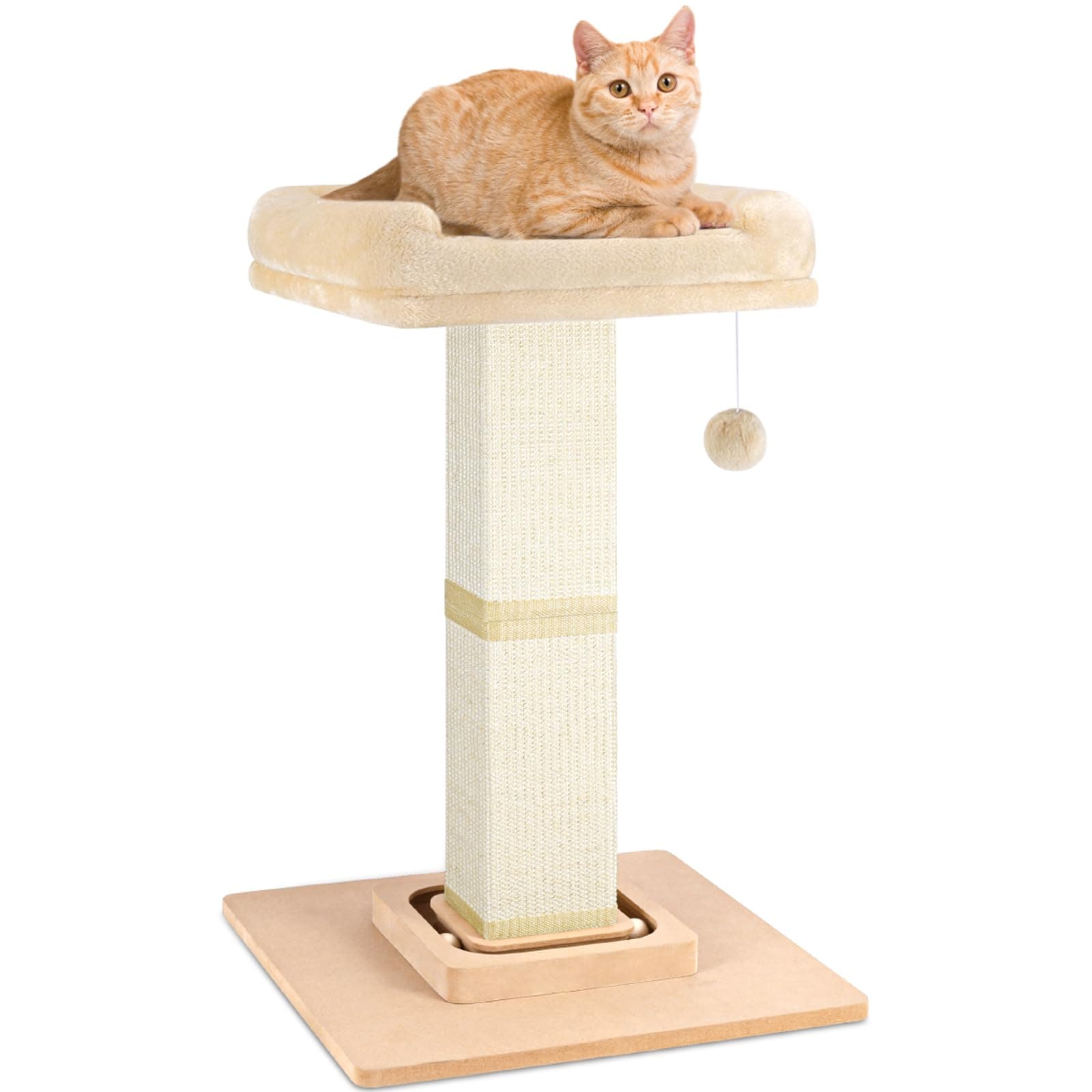 Cat Scratching Post,Heavy Duty and Thicker Cat Scratching Posts, Featuring with Super Cozy Perch, Tall Scratch Post with Tracking Interactive Toys Vertical and Interactive Dangling Ball, Beige