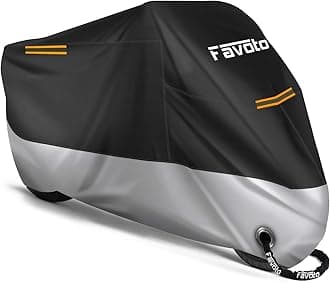 Favoto Motorcycle Cover 210D Waterproof Protective with Reflective Band Sunproof Rain Dust Wind Snow Bird Droppings Outdoor 265x105x125cm Black+Silver