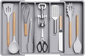 Lifewit Utensil Drawer Organiser, Extendable Cutlery Tray for Kitchen, Adjustable Silverware Flatware Holder, Plastic Kitchen Spatula Tools and Gadgets Storage Divider, Large, Gray