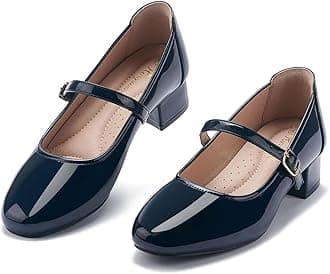 Mary Jane Shoes - Low Heel Dress Pumps with Ankle Strap, Navy, Size 9