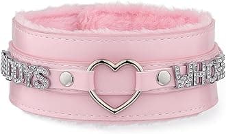 Pink Furry Heart O-ring Leather Choker Collar For Women, Handmade Punk Gothic Letter Necklace Adjustable Fashion Jewerly
