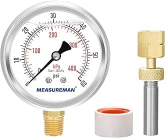 0-60psi/kpa Liquid Filled Pressure Gauge with Brass Gauge Adaptor 1/4NPT Female，2-1/2 OAL x 1-2/5" x 1/8" Probe with Stainless Steel Sheath，Pressure Test Kit
