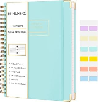 Huhuhero Spiral Notebook, College Ruled Notebook, 8.5" x 11", 320 Pages Leather Lined Journal for Women Men, A4 Large Notebooks for Work Writing Office, 24pcs Index Tabs, School Supplies (Mint Green)