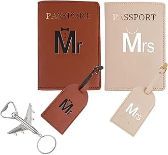 Passport Wallets Travel Holder Set,his and her passport holder and luggage tags,Honeymoon gift, Slim Passport Case Covers,With a bottle opener in the shape of an airplane