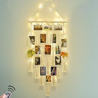 Homecor Hanging Photo Display Wall Decor - Macrame Wall Decor Hanging Remote Fairy Boho Decor with 30 Wood Clips for Photo Collage Frame