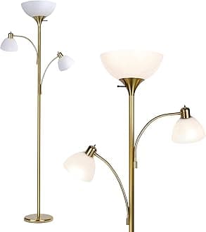 Sky Dome Double LED Floor lamp, Torchiere Super Bright Floor Lamp with 2 Reading Lamps for Living Rooms & Offices - Dimmable Tall Standing Lamp for Bedroom Reading - Tall Brass Pole