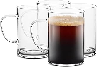 LUXU Glass Coffee Tea Cups Set of 4,Clear Glass Mugs for Hot or Cold Beverages(16 oz),Large Wide Mouth Glassware for Mocha,Latte,Water,Chocolate,Drinks and Juice,Great Gifts for Home and Office