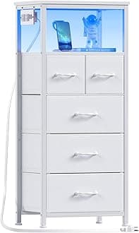 Furnulem Dresser for Bedroom, Tall Nightstand, Vertical Chest with Wood Top, Charging Station, LED Lights, 5 Fabric Bins, Bedside Table with Shelf, Furniture for Entryway, Dorm (5 Drawer, White)