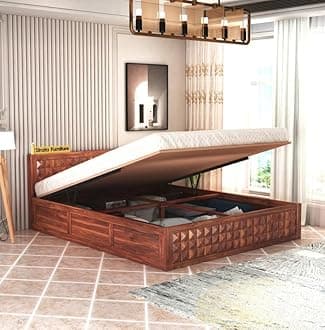 STRATA FURNITURE Sheesham Wood Diamond King Size Bed with Hydraulic Storage and Headboard for Living Room Home Bedroom Wooden Double Bed Cot Palang Furniture (Honey Finish)
