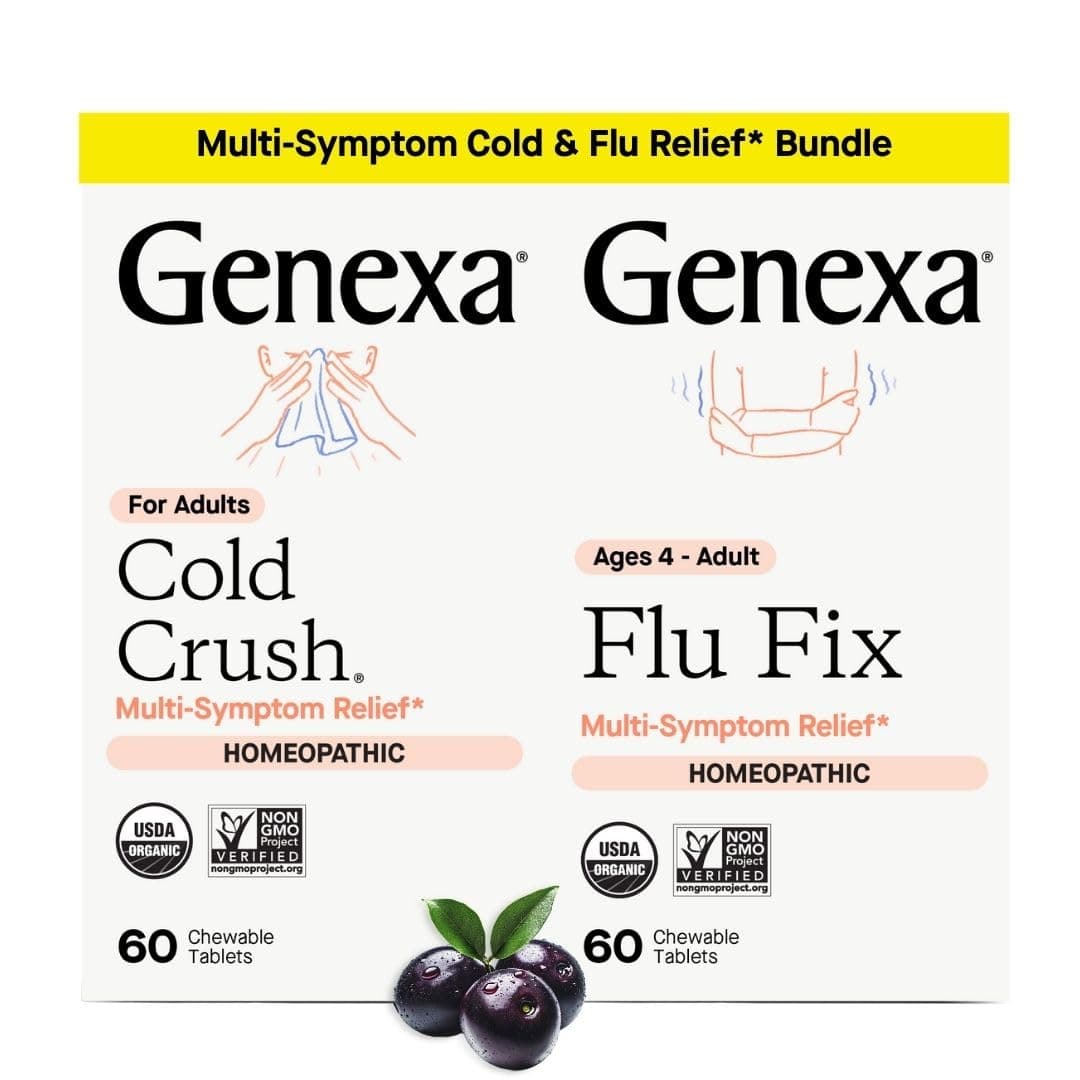 Genexa Cold Crush & Flu Fix Bundle | Multi-Symptom Cold & Flu Relief for Families | Certified Organic & Non-GMO | Homeopathic Remedy Made Clean | Organic Acai Berry Flavor - 60 Chewable Tablets | Age