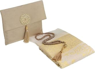 Prien Muslim Prayer Rug With Tasbih and Portable Bag, Muslim Gift For Women Men, Mubarak Islamic Box, Soft Mat Islam Gifts Set, Turkish Sajadah For Ramadan, Eid, Hajj, Travel, Pray (Brown)