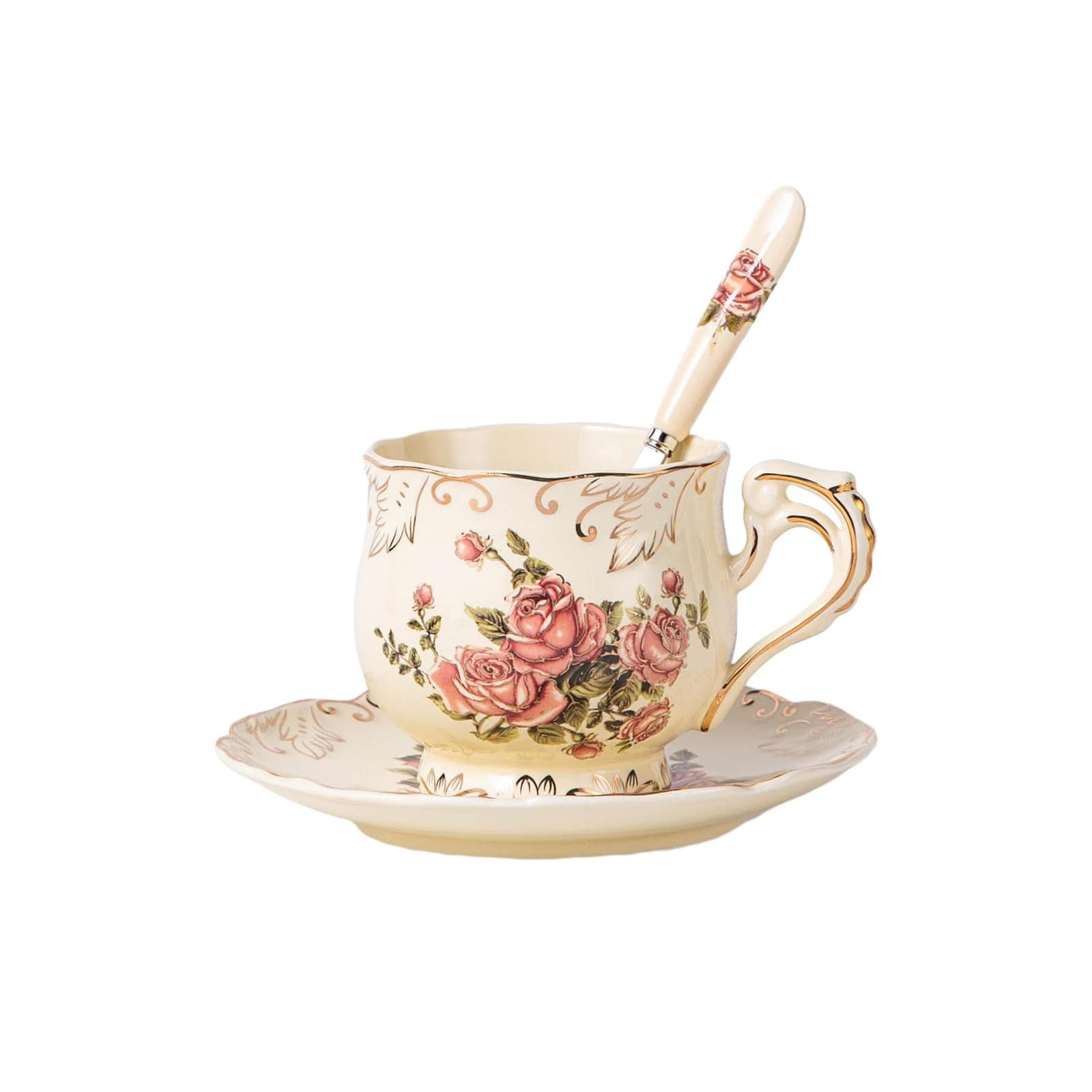 YOLIFE Tea Cup and Saucer Set, 200 ml Teacup Set, Ceramic Tea Cup with Suacer Spoon, Porcelain Ivory Vintage Rose Floral with Gold Leaves Trim, Gifts for Women