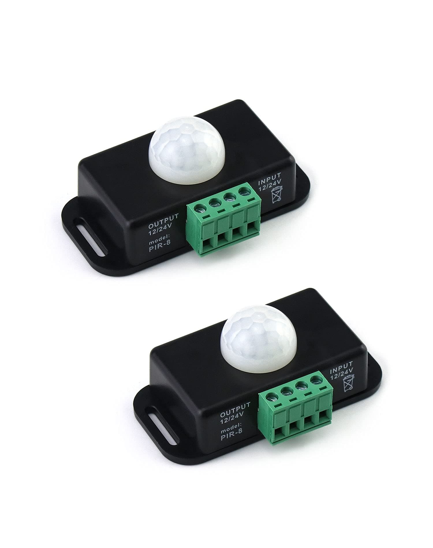 QWORK Motion Sensor LED Switch (2 Pack), 12-24V, 6A, Adjustable Delay Time, 5-8M Induction Distance, 60° Field of View, for LED Strip Lighting, Wall Mount, 3"