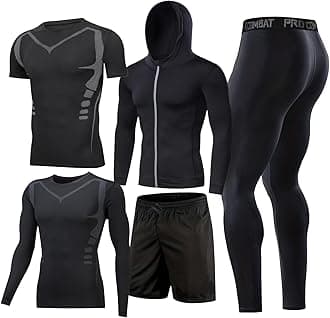 BOOMCOOL 5Pcs Gym Clothes Men Tracksuit Sets Running Wear Compression Shirts Sleeve Tops Jackets Long Suits Leggings Shorts Sports Activewear for Athletic