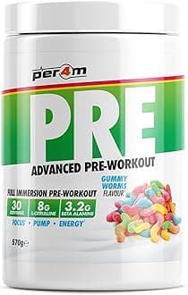 Per4m Pre Workout Powder | Intense Pump, Sustained Energy & Mental Focus | L-Citrulline, Beta Alanine & Caffeine & Added Hydration (570g, Gummy Worms)