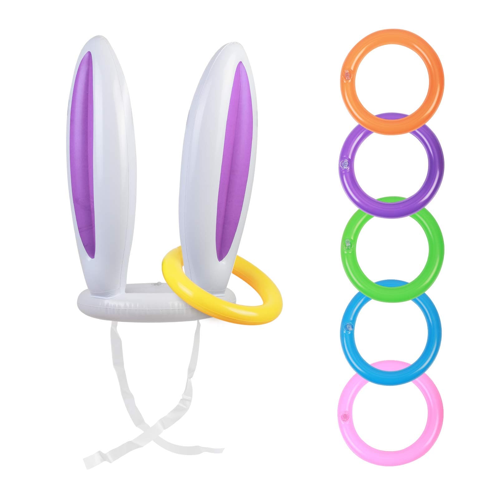 Inflatable Bunny Ear Ring, ZERHOK Easter Rabbit Ears Hat with 6pcs Rings Toss Game for Kids Adults Easter Indoor Outdoor Game Party Favors Toys Gifts
