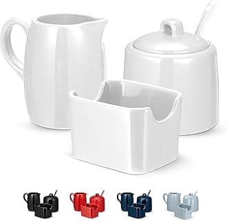 KooK Sugar and Creamer Set, 3 Piece, Pitcher, Sugar Bowl with Lid and Spoon, Sweetener Holder (White)