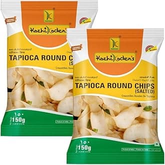 Kozhikodens Tapioca Round Chips - Crunchy, Authentic Kerala Snack - Gluten-Free, No Artificial Additives, Perfect Tea-Time Bites (Round Chips, Sea Salt),300g