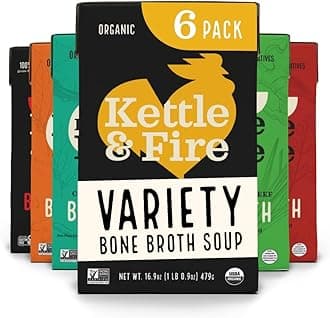 Bone Broth Variety Pack by Kettle and Fire, Pack of 6, Beef, Chicken, Chipotle Beef, Lemongrass Ginger Beef, Coconut Curry & Lime Chicken, and Turmeric Ginger Chicken Bone Broths, Protein