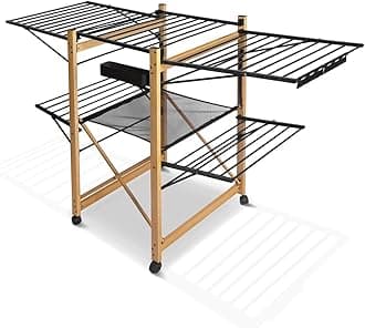 VOUNOT Large Clothes Airer, Foldable Clothes Drying Rack, 2-Level Clothes Horse with Wings & Casters, Free-Standing Garment Laundry Drying Rack for Indoor Outdoor, Black & Wood Look