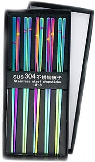 Koolemon 5pairs Polished Multicolor Rainbow 304 Stainless Steel Chopsticks Set,Metal Chopsticks Reusable, Dishwasher Safe, Traditional Chopstick,9.3inch,Chinese Japanese Chop stick