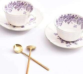 Vintage Floral Porcelain Tea Cup and Saucer Set with Gold Trim, Spoon, Espresso, Coffee, Gift Boxes (2, Lilac)