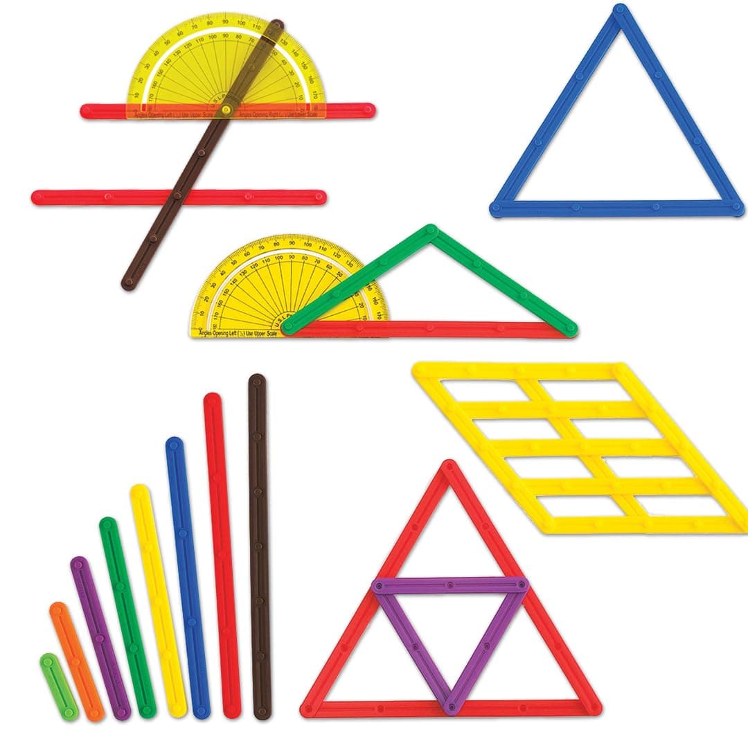 LEARNING ADVANTAGE - 7751 Learning Advantage GeoStix Basic Set - 80 Construction Sticks - 24 Activity Cards - 2 Protractors - Build 2D Shapes and Measure Angles - Teach Geometry with Construction