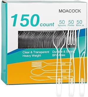 MOACOCK 150 Pcs Clear Plastic Silverware, Heavy Weight Plastic Forks Spoons Knives Disposable Utensils Cutlery Set for Wedding Party Supplies Everyday Use