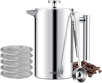 French Press 1L/8 Cup Cafetiere Stainless Steel Coffee Press Double Wall Sliver Coffee Maker Insulated Coffee Pot with 8 Additional Coffee Set