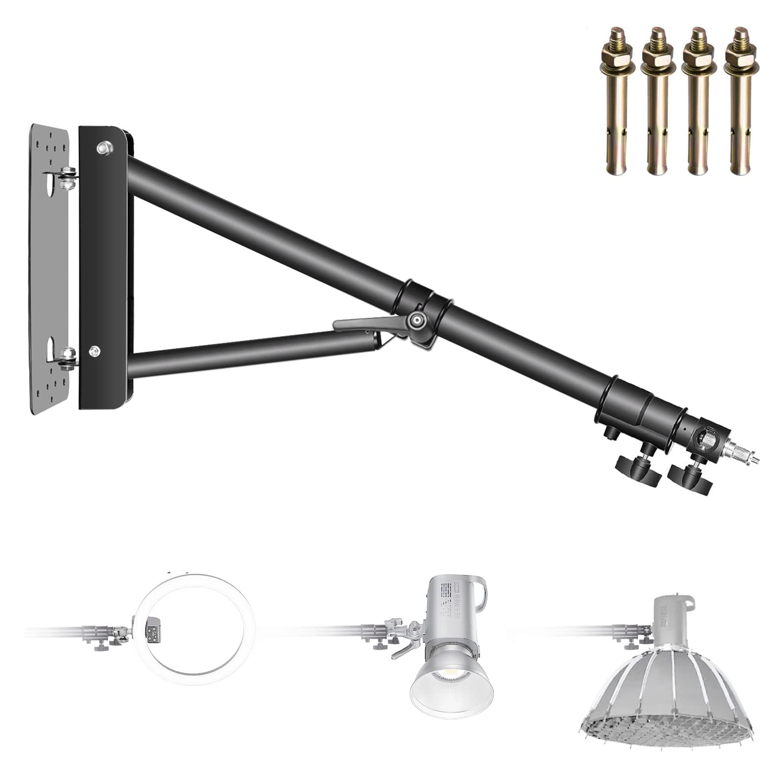 Wall Mounting Triangle Boom Arm for Ring Light, Monolight, Softbox, Reflector, Umbrella, and Photography Strobe Light, Support 180 Degree Rotation, Max Length 4.3 feet/130cm (Black)