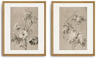 Roslynity Framed Canvas Wall Art Vintage Print Set of 2 Neutral Floral Paintings Muted Botanical Blossoms Drawings Retro Aesthetic Artwork for Home Living Room Bathroom Wall Decor (8"x10")