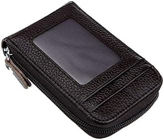 RFID Blocking Genuine Leather Mini Credit Card Case Organizer Compact Wallet with ID Window - Coffee