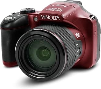 Minolta Pro Shot 20MP Digital Camera – 67x Optical Zoom, Full 1080p HD Video, Optical Image Stabilization, Wi-Fi, 3-inch Articulating LCD Screen, 27 Scene Modes – Includes 16GB SD Card (Red)