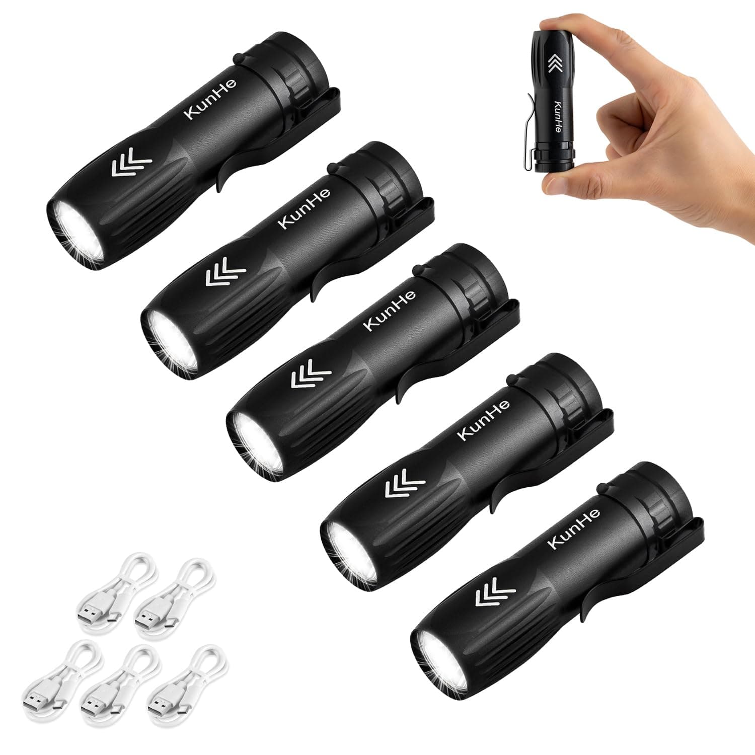 KunHe 5 Pack Mini Flashlight Rechargeable Bulk USB-C Small High Lumen Flashlight Clip-on Portable Pocket Flash Light for EDC Emergency Home Use