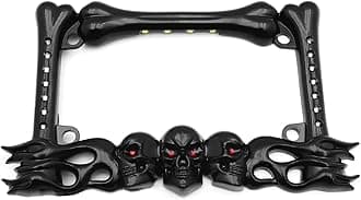 HTTMT- 3D Black Skull Flame Bone License Plate Frame w/LED Run Brake Turn Compatible With H-D Kawasaki [P/N: MT294-006A-BK]