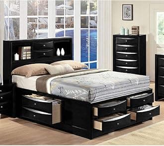 Contemporary Wood Storage Bed Frame Queen Size with 8 Storage Drawers, Bookcase Headboard for Master or Guest Room No Box Spring Required Easy Assembly (Queen Bed, Black)