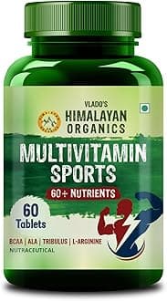 Vlado's Himalayan organics Multivitamin Sports with Vitamin B1,B2,B3,B5,B7,B9,B12,A,D3,K2,E And Calcium Magnesium Zinc with Iron, Copper, Selenium, Chromium, Zeaxanthin, Lutein, Brahmi, Ashwagandha, Ginkgo, L-carnitine, L-arginine and Spirulina with 60+ Nutrients | Good For Brain, Eye, Muscle & Joint Care - 60 Veg Tablets