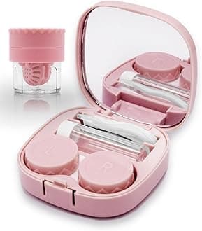 Contact Lens Case with Cleaner Washer, Travel Size Cute Colored Contact Lenses Applicator Removal Tool Kit with Mirror Solution Bottle for Daily Outdoor (Pink)