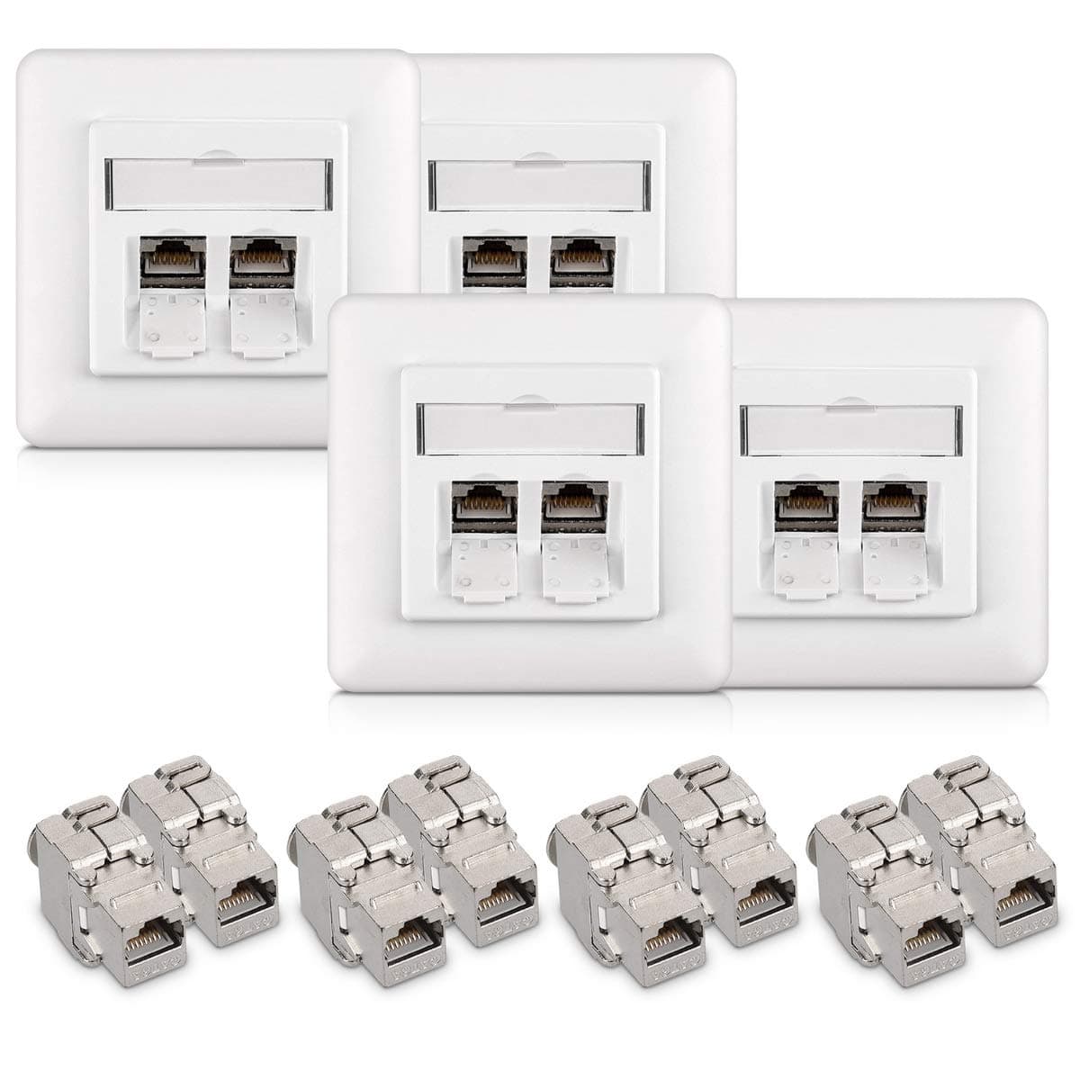 kwmobile Keystone Module Kit - Includes (8) CAT6A Shielded Keystone Jack RJ45 Ethernet Module 10G + (4) 2-Port Wall Plate and Shielded Metal Housing