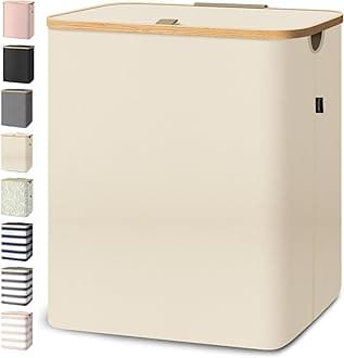 BALEINE Laundry Hamper with Lid, Tall Laundry Baskets with Bamboo Pull Handles, Large Laundry Bin with Internal Support (40 Gallon, Beige)