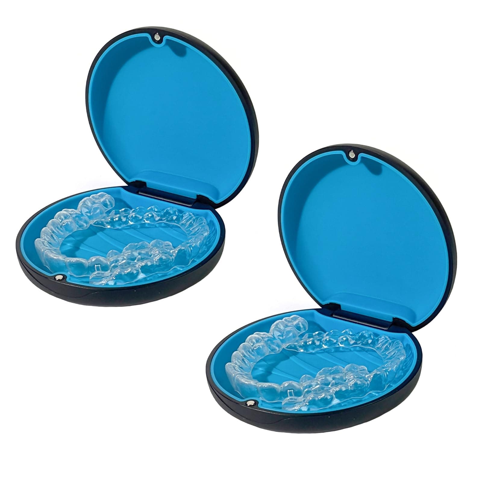 Retainer Case,Cute Slim Aligner Case Compatible with Invisalign,Customized Magnetic Closure Orthodontic Retainer Case (2 Pack Black + Blue Silicone)