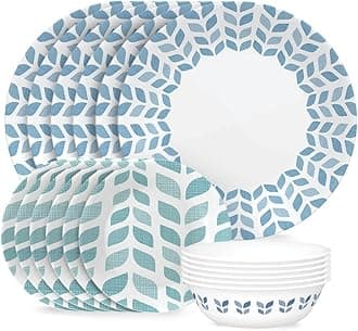 Global Collection Vitrelle 18-Piece Dinnerware Set, Triple Layer Recycled Glass, Lightweight Eco-Friendly Round Plates and Bowls Set, Northern Pines