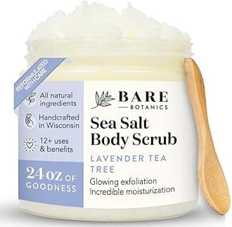 - Bare Botanics Lavender Tea Tree Body Scrub 24oz | Made in Madison, WI | All Natural Sea Salt Exfoliator w/ Skin Loving Moisturizers | Vegan & Cruelty Free | Gift Ready Packaging w/ a Cute Wooden Spoon
