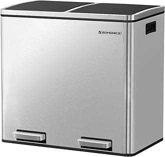 SONGMICS 2 x 6.3-Gallon Dual Trash Can, Pedal Recycle Bin with Lids and Inner Buckets for Small Kitchens, Stainless Steel, Silver
