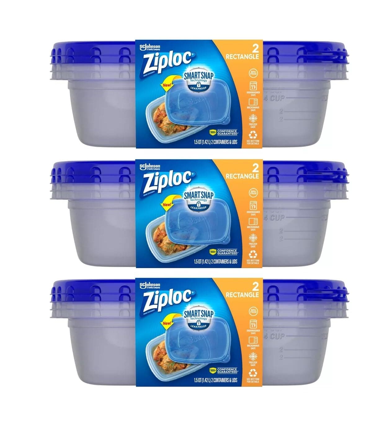 Food Storage Meal Prep Containers with Smart Snap Technology, Rectangle, 1.5 QTS, 2 Count, Pack of 3, Clear