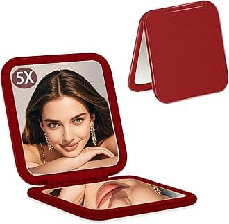 Small Compact Mirror for Purse,5X/1X Travel Magnifying Mirror for Women, Makeup Mirror for Girls, Portable Ultra Slim Pocket Mirror（Red）